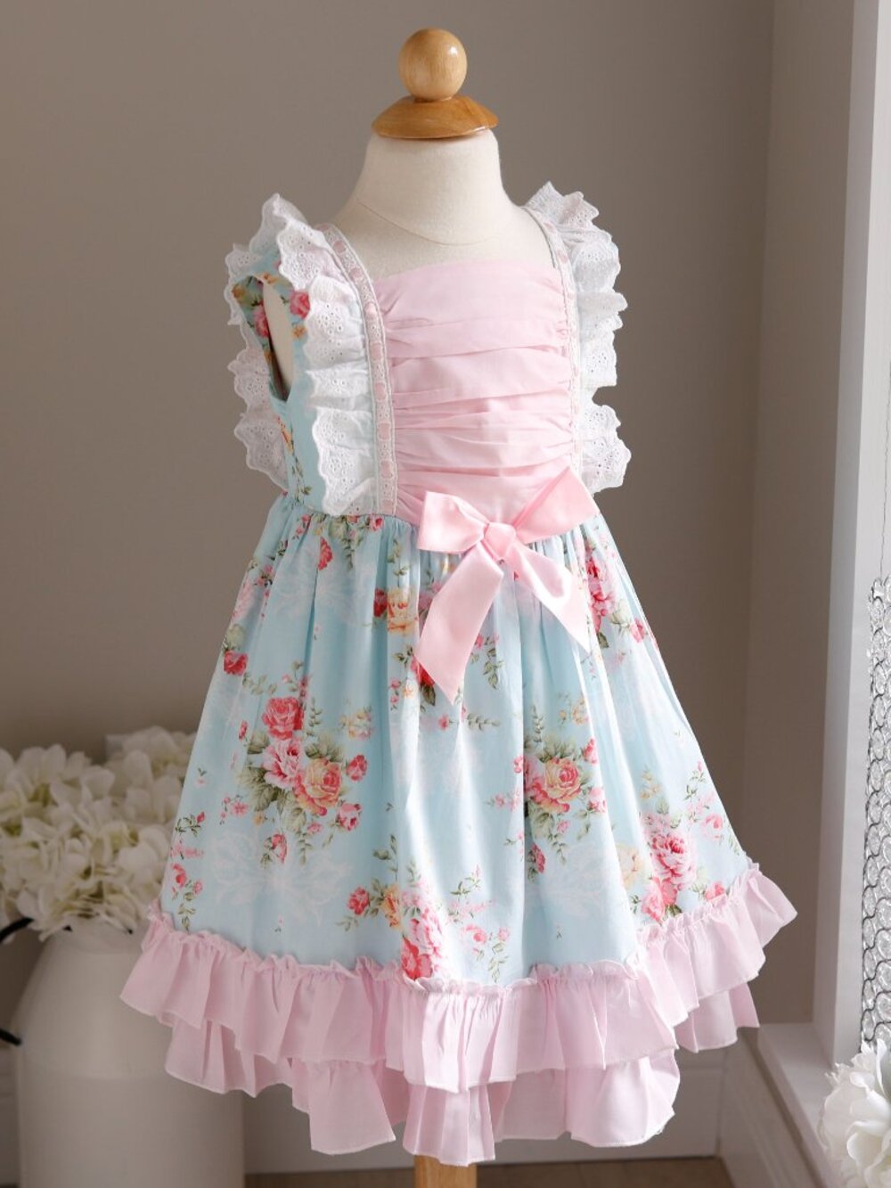 🌸 Boutique Pinafore Dress Cotton Size 5/6 Floral Eyelet Lace Tea Party Picnic